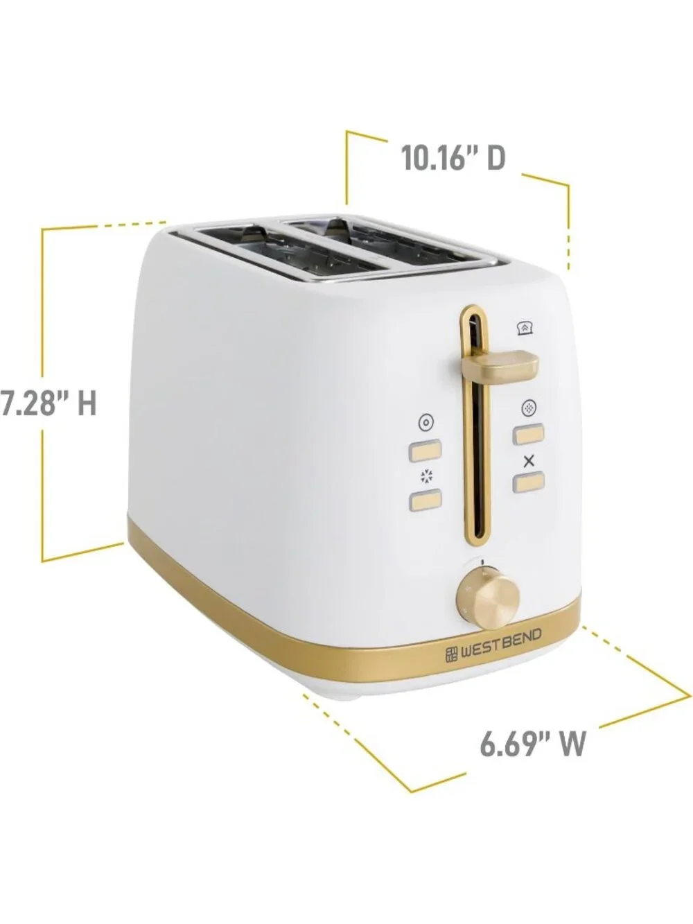 2-Slice White/Gold Browning Levels Bagel Defrost Settings Anti-Jam Toaster